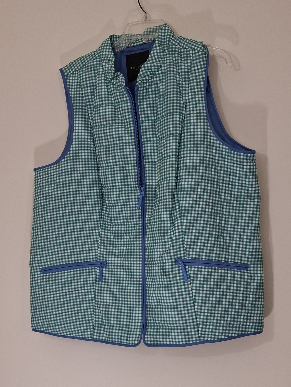 Talbots Teal and Blue Gingham Quilted Vest, Size 2X
